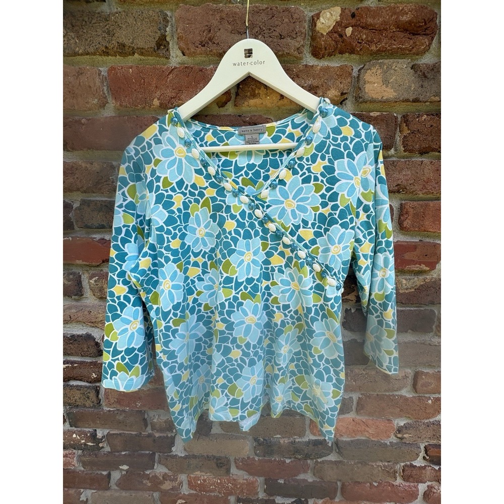 Kate & Henry Womens L Blue Green Floral 3/4 Sleeve Beaded V Neck Tunic Top